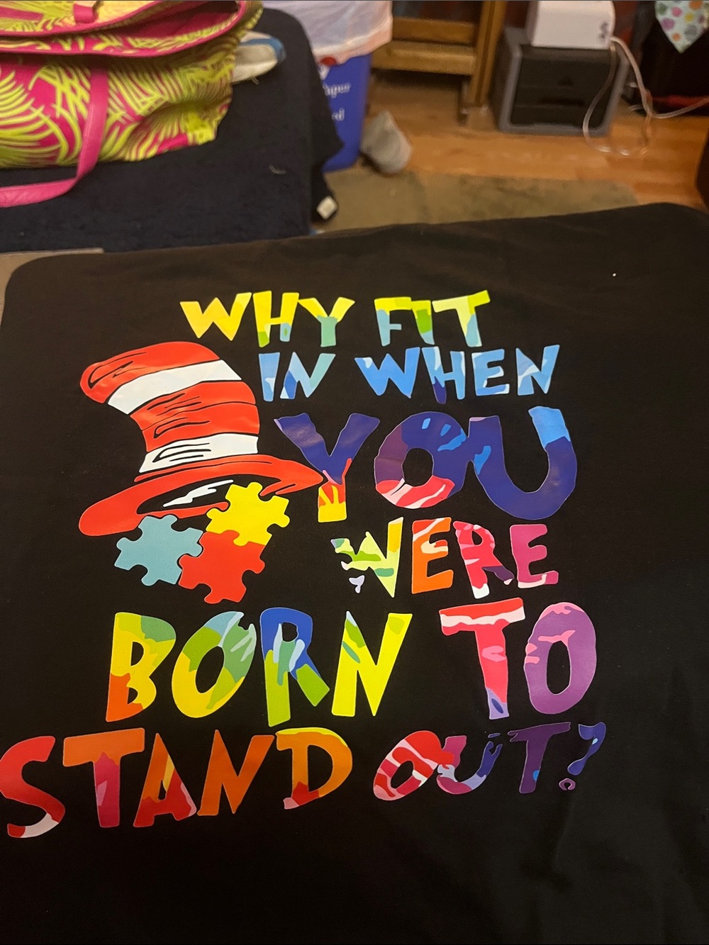 Black Graphic Tee — Colorful 'Why Fit In' Statement